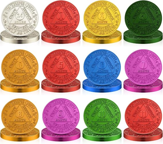 Siifert 36 Pcs Recovery AA Chips Bulk Sobriety Coins Monthly AA Medallions for Aluminum Tokens Include 1 2 3 4 5 6 7 8 9 10 11 Month 24 Hour Commemorative Lot Colored