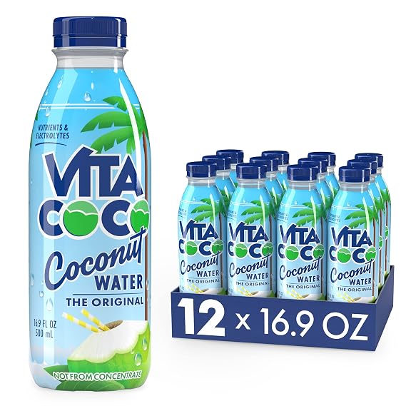 Vita Coco Coconut Water, Pure, Natural Hydrating Electrolyte Drink, Smart Alternative To Coffee, Soda, Sports Drinks, Gluten Free, 16.9 Oz Slim Bottle (Pack Of 12)