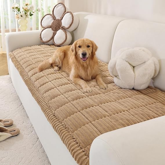 OstepDecor Sofa Covers 2 3 4 Seater, Pet Sofa Cover, Settee Covers, Couch Protectors for Dogs, L-Shaped Corner Couch Cover, Thick Soft Corduroy Fuzzy Pads for Pets and Kids (Khaki, 70x150cm)