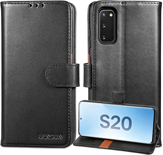 LENSUN Echtleder Hülle für Samsung Galaxy S20 Handyhülle [Echtes Leder] [Magnetverschluss] [RFID Schutz] Handytasche Lederhülle für Samsung Galaxy S20 5G - Schwarz