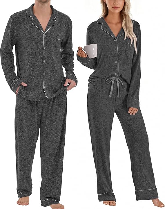 PJGGZ Matching Pajamas for Couples, Button Down Loungewear Soft Warm Long Sleeve Sleepwear His and Hers Pajamas Sets