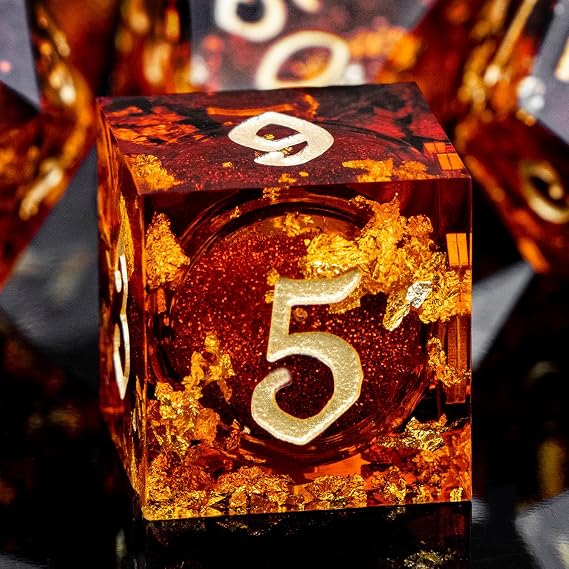 ARUOHHA Liquid Core DND Dice Set, 7pcs Resin Sharp Edged Dragons Dice Role Playing Games, RPG Golden Numbers Red Dungeons Polyhedral Dice with Gift Box D20 D12 D10 D8 D6 D4