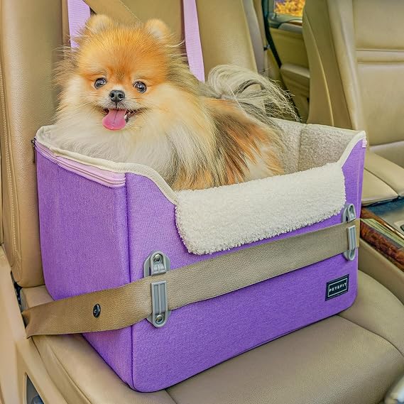 PETSFIT Small Dog Car Seat, Puppy Portable Dog Booster seat for Car with Clip-On Leash, Adjustable Straps Perfect for Small Pets Up to 25lbs (Purple)