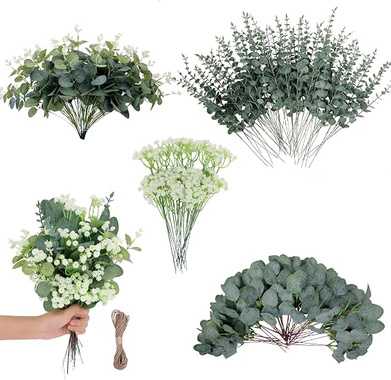 200 Pcs 4 Kinds Artificial Eucalyptus Stems | Mixed Faux Greenery Stems, Fake Silver Dollar Eucalyptus Leaves Stems Bulk Babys Breath for DIY Bouquet Centerpieces