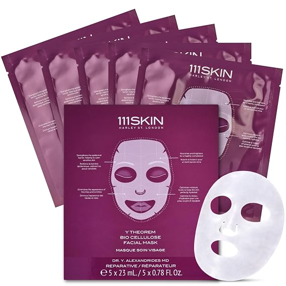 111SKIN Y Theorem Bio Cellulose Facial Mask for All Skin Types, Hydrating Face Mask with NAC Y2, Ectoin & Centella Asiatica, Enhances Skin Elasticity, Skincare Sheet Masks for Self Care, 5x 0.78 fl oz
