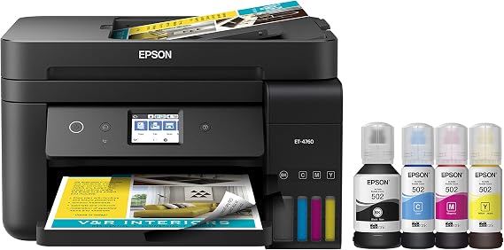 Epson EcoTank ET-4760 Wireless Color All-in-One Cartridge-Free Supertank Printer with Scanner, Copier, Fax, ADF and Ethernet - Black