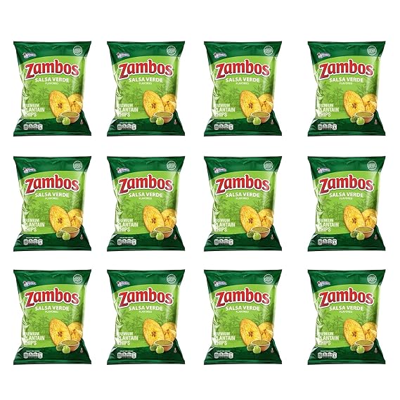 Zambos Plantain Chips Delicious Plantain Chips with Green Salsa (Tajaditas de Platano con Salsa Verde), 5.3 ounces (150g) (pack 12) Unique Flavor from Salvajes del Tropico, plantain chip