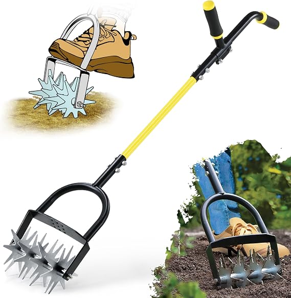 Rotary Cultivator for Gardening, Long Handle Garden Cultivator for Soil Mixing, Reseeding, Lawn Aerating, Hand Tiller with Auxiliary Handle Suitable for Women and The Elderly