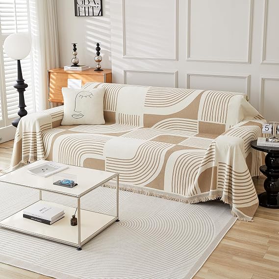 WEYOND Boho Sofa Cover 3 Seater, Chenille Couch Cover, 180 x 260 cm, Khaki