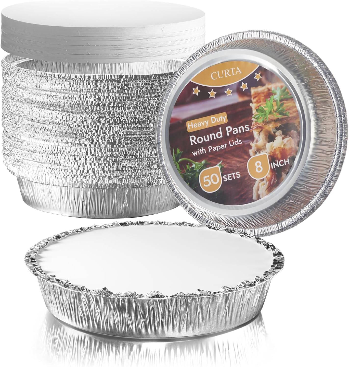 CURTA 50 Pack 8 Disposable Aluminum Foil Pans with Paper Lids | Great for Broiling, Baking, Storage, Roasting, Takeout, Air Fryer