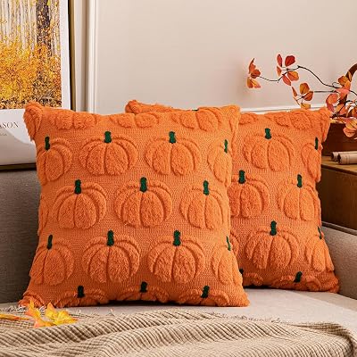 MIULEE Fall Pumpkin Throw Pillow Covers Decor Set of 2 Orang Green Stem 20 x 20 Decorative Cushion Covers Soft Plush Faux Fur Couch Pillows for Autumn Harvest Outdoor Porch Farmhouse Halloween Home