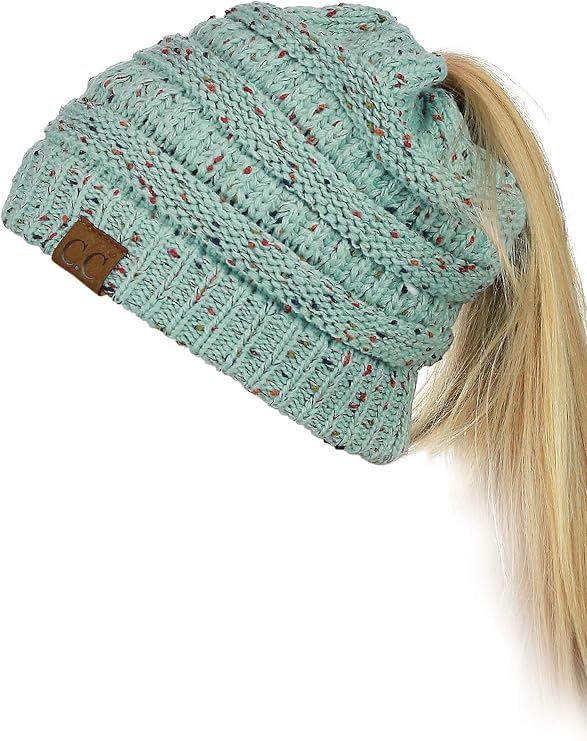 C.C BeanieTail Soft Stretch Cable Knit Messy High Bun Ponytail Beanie Hat, Confetti Mint
