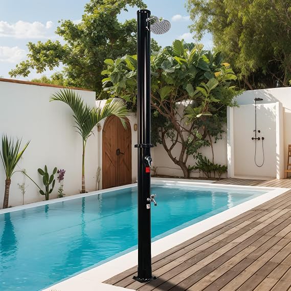 5.3 Gallon 7 FT Solar Heated Shower with Shower Head & Foot Shower Tap, Outdoor Backyard Poolside Beach Pool Spa for Easy Installation, Black Style 2