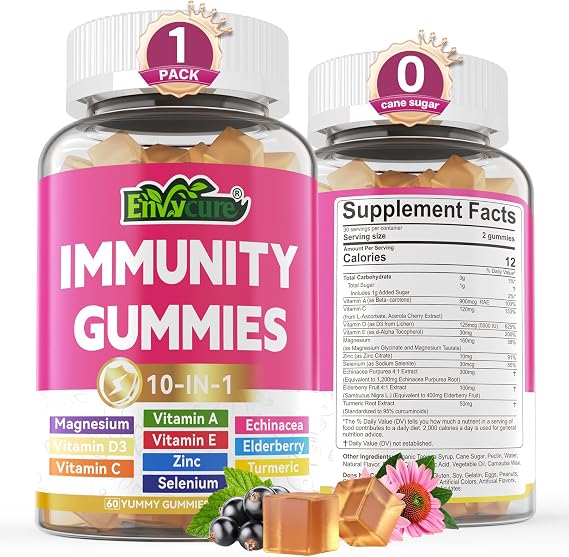 Immune Support Supplement Gummies, w/Echinacea, Elderberry, Vitamin C, Zinc | 10 IN 1 Daily Immune Booster Multivitamin, w/Vitamin D3 5000IU, Magnesium, Selenium, for Antioxidant Bone Energy, 1 Pack