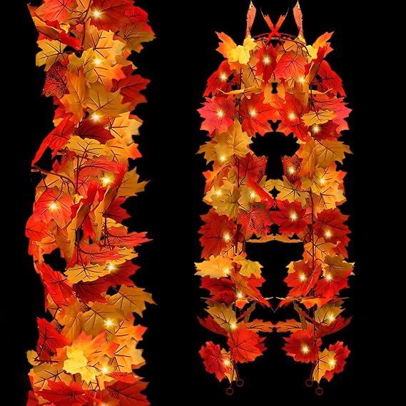 Autumn Garland with Lights - Autumn Decorations,Fall Maple Artificial Leaf Foliage Decor for Fireplace Decor,Autumn Leaves for Thanksgiving Halloween Door Table Indoor Outdoor Supplies