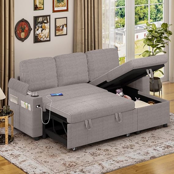 Corner Sofa Bed, L-Shaped Sleeper Sectional Couch Bed, 3-in-1 Corduroy Convertible Pull Out Sofa Bed with Adjustable Backrest, Storage, USB and Cup Holder for Living Room, Gream