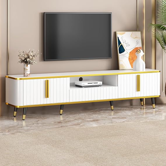 Minimalism Luxury TV Stand for TVs Up to 85", Open Storage Shelf Entertainment Center with Cabinets and Storage Drawers, Practical Media Console Table with Unique Legs for Living Room, White