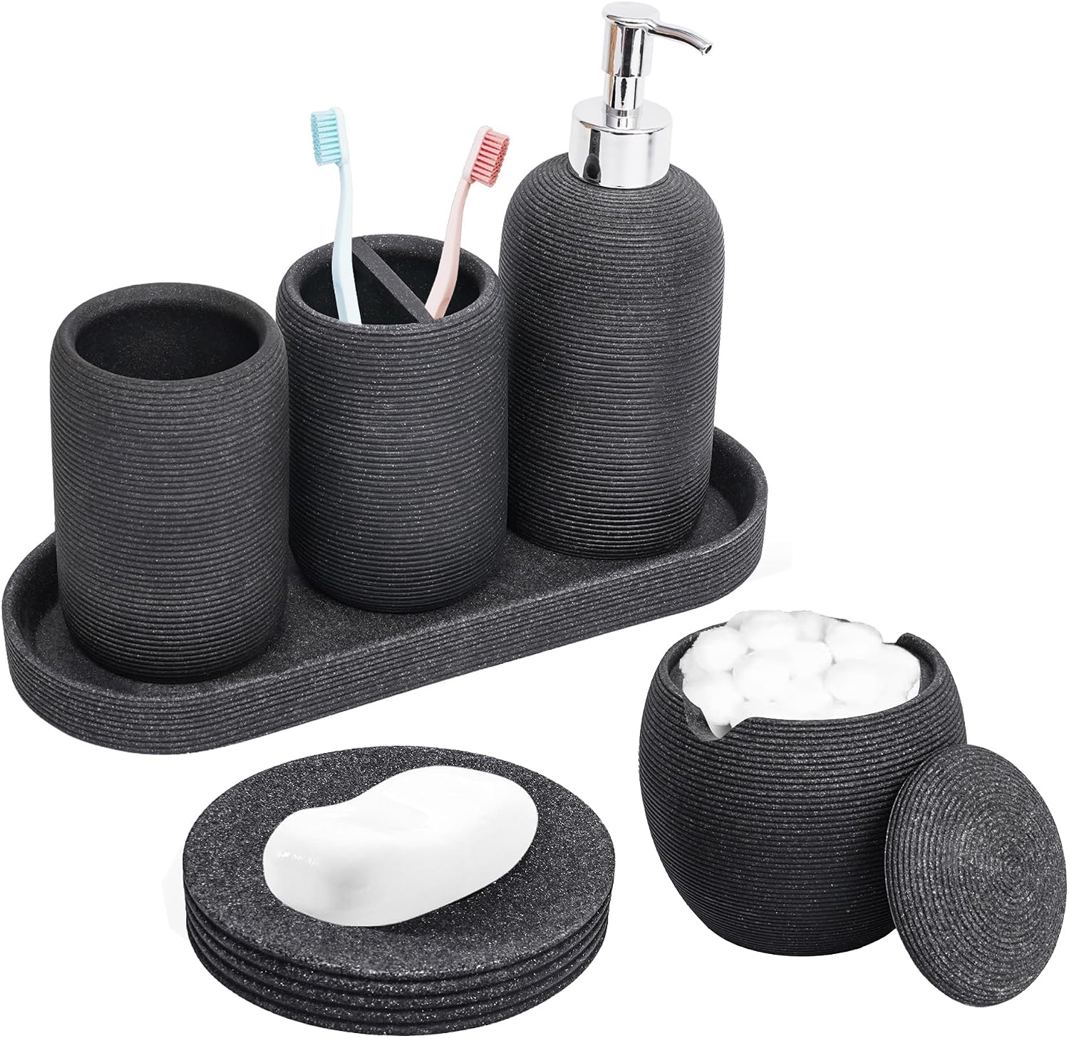 Resin Bathroom Accessory Set - 6PCS Bathroom Accessories Set, Bath Vanity Countertop Accessories with Soap Dish, Lotion Dispenser, Toothbrush Holder, Toothbrush Cup, Vantiy Tray, Qtip Holder Black