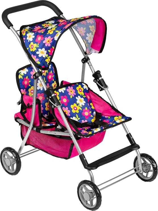 fash n kolor Twin Baby Doll Stroller - Pretend Play Baby Stroller for Dolls - Toy Stroller with Storage Basket for Baby Doll Accessories Set - Flower Design Stroller Toy for Kids - Folds Easily