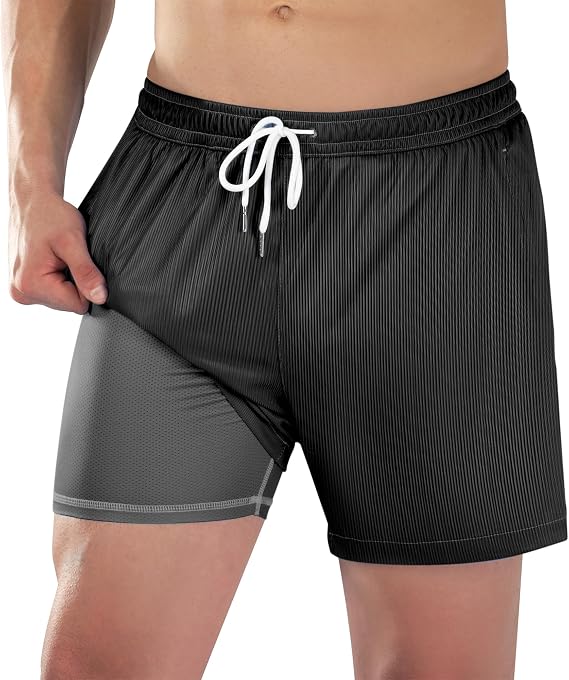 Mens Swim Trunks with Compression Liner 5 inch Textured Ribbed 4 Way Stretch Mens Bathing Suits Beach Short Swimsuit