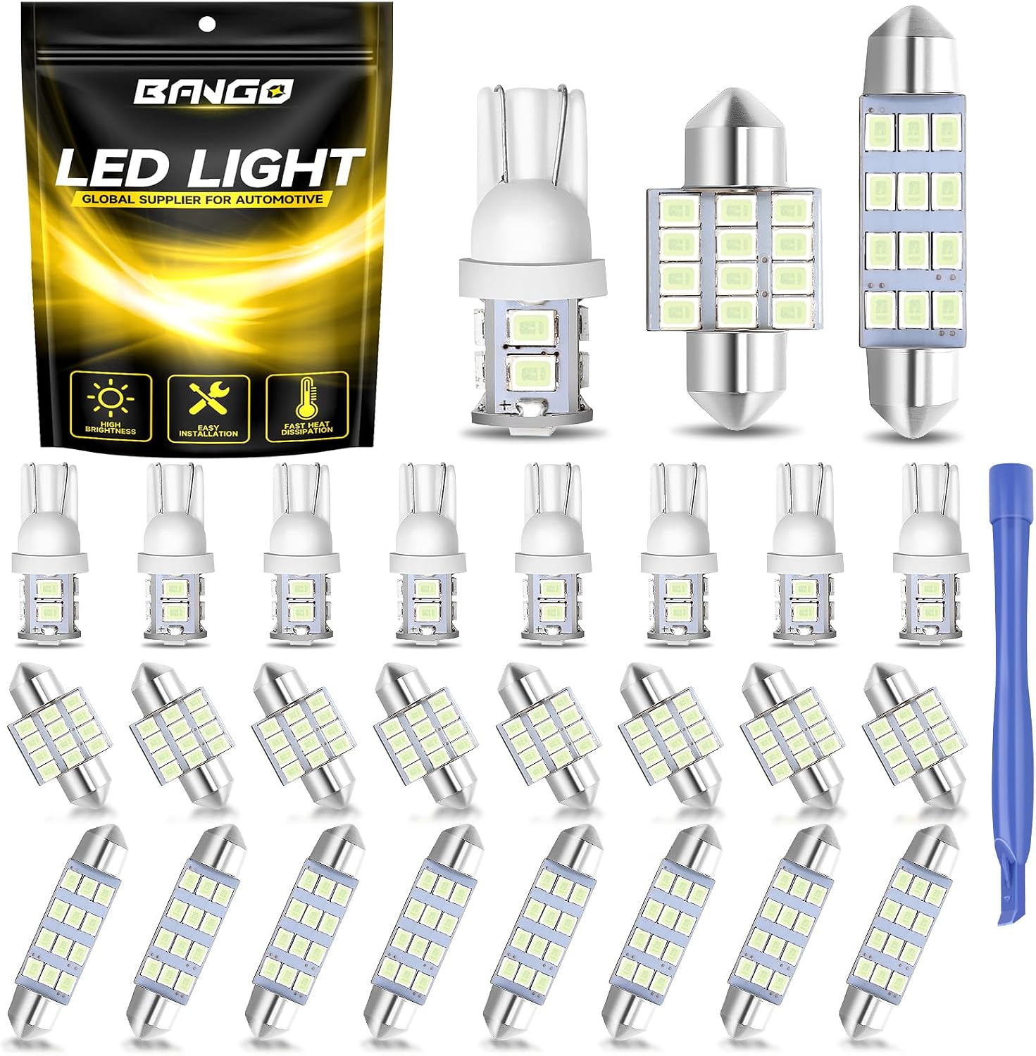BANGO 24 Pieces Car LED Interior Light Bulbs, Non-Polarity Design with Removal Tool, Suitable for Car Dome Map Door Trunk License Plate Lights, Etc. Ice Blue