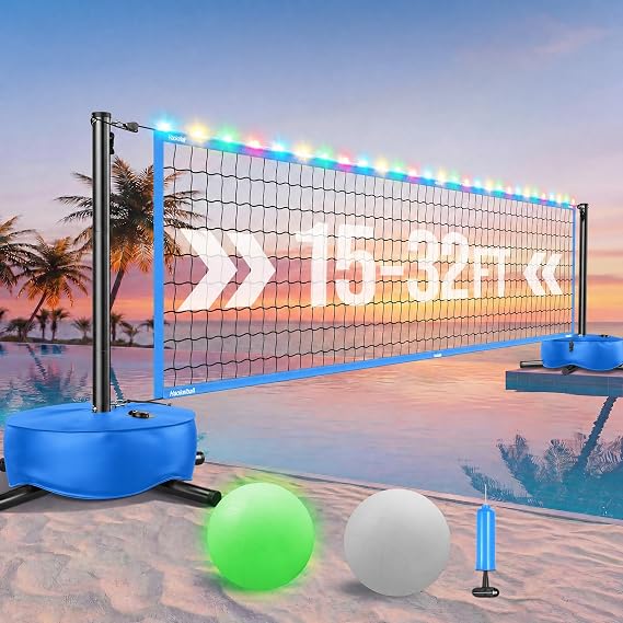 Haokelball Inground Pool Volleyball Net Set, LED Light, 15-32FT Adjustable