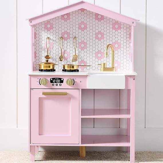 Best Choice Products Pretend Play Wooden Farmhouse Kitchen Set for Kids w/Toy Storage, Clicking Knobs, Windows, 5 Accessories Included - Rose