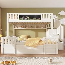 Solid Wood Triple Bunk Bed Frame Children's High Sleeper with Drawers&Storage Staircase&Shelves&Chalkboard, 3FT Single 4FT6 Double Loft Bed with Guardrail, Storage Beds for Children Girls Boys, White