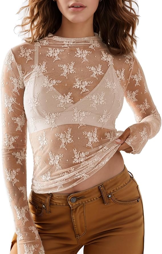 Wyeysyt Lace Tops for Women Mesh Long Sleeve Top Mock Neck Sheer Blouse Sexy See Through Shirts
