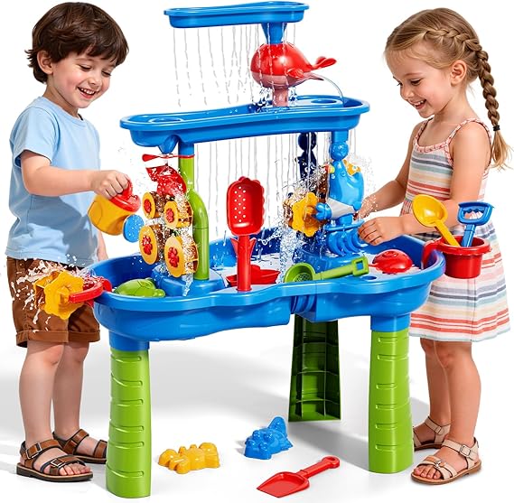 3-Tier Toddler Sand and Water Play Table with Beach Toys for Kids Ages 2–8 | Summer Outdoor Sensory Water Playset, Sturdy Layered Design, Backyard Activity Toy, Birthday Holiday Fift for Boys Girls