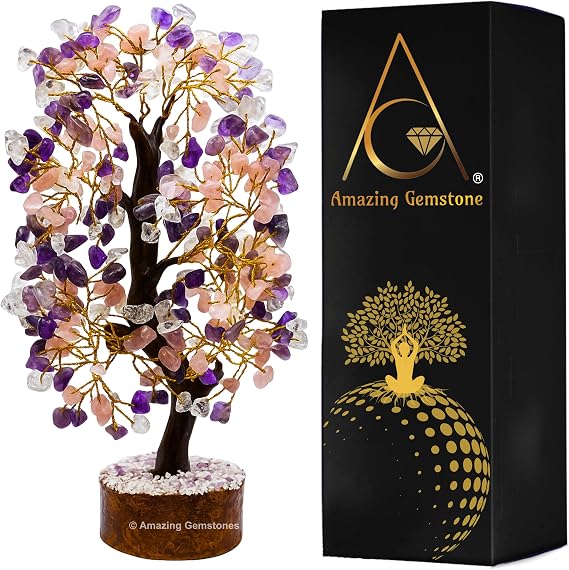 Large Amethyst Rose Quartz Clear Quartz Natural Healing Premium Crystal Bonsai Feng Shui Fortune Money Tree of Life for Home Office Decor Gift Box Ready