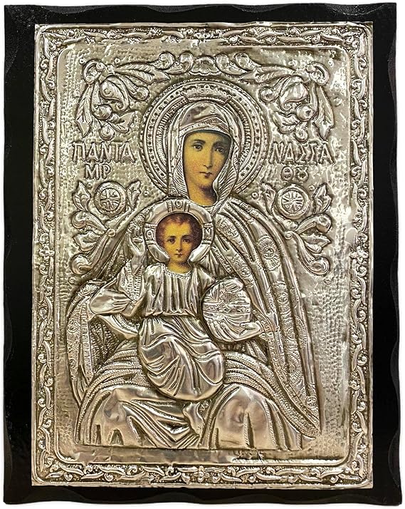 Mastic of Chios Handmade Greek Christian Orthodox Wood-Metallic icon of THEOTOKOS PANTANASSA Christ (24 X 19cm or 9.4 X 7.5 in) Solid Wood