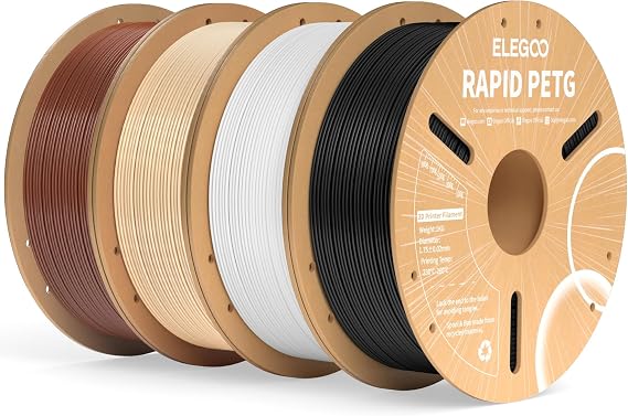 ELEGOO Rapid PETG Filament 1.75mm Bundle 4KG, High Speed 600mm/s 3D Printer Filament Accuracy +/- 0.02 mm, 1kg Cardboard Spool(2.2lbs) Fits for Most FDM 3D Printers (Black,White,Beige,Brown)