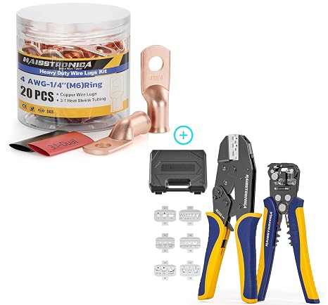 haisstronica 10pcs 4 AWG - 1/4" (M6) Battery Cable Lugs+6 in 1 Crimping Tool Kit and Wire Stripper