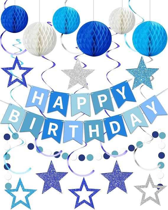 Blue Happy Birthday Decorations, Party Decorations Banners for Men Boys | Party Decorations for Women Girls, Birthday Party Decor, Happy Birthday Sign Balloons, Honeycomb Balls, Dot Garland