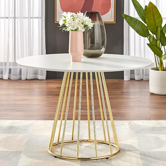 Round Dining Table 43.3" Diameter White Mid-Century Modern Contemporary MDF Metal Gold Finish