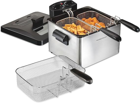 Hamilton Beach Professional Style Electric Deep Fryer With 3 Baskets | 4.5 Liter / 19 Cup Oil Capacity | 1800 Watts | Lid With View Window | Easy Detach Magnetic Cord | Stainless Steel | 35034G