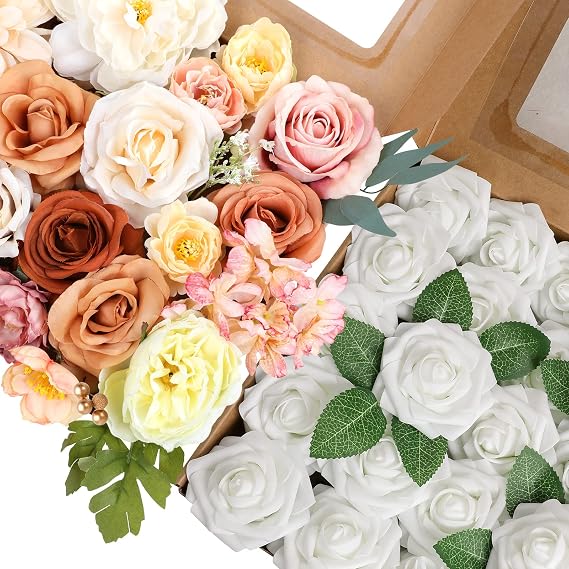 AmyHomie Champagne Artificial Flowers Combo and White Rose 25pcs Real Looking Fake Roses w/Stem for DIY Wedding Bouquets Centerpieces Arrangements Party Baby Shower Home Decorations