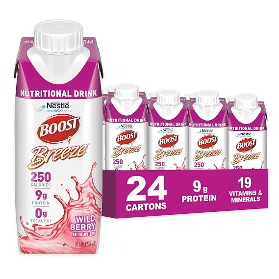 BOOST Breeze Clear Nutritional Drink - 250 Calories - 19 Vitamins & Minerals - 9 g Protein - Fortified Clear Nutritional Drink with Vitamin A & Zinc - Wild Berry Flavor - 8 fl oz (Pack of 24)