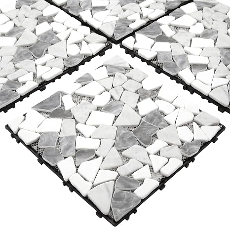 4PCS Natural Pebble Interlocking Deck Tiles, 12" x 12" Recycled Glass Marble Looks Waterproof Patio Deck, Outdoor & Indoor Flooring Decking Tiles for Porch Poolside Balcony Backyard, Grey Mixed