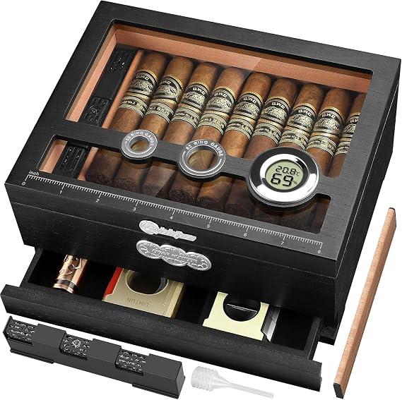 LIHTUN Humidor Cigars Case, Glass Top Desktop Cigar Humidor Gifts for Men with Cigar Accessories Drawer, Digital Hygrometer, Humidifier and Measuring Scale