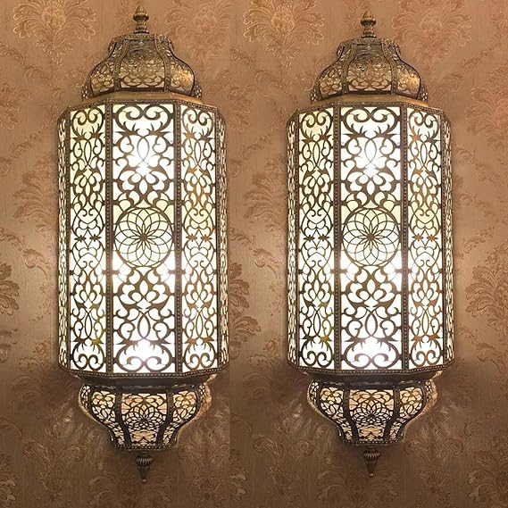 BOTOWI Handmade Moroccan Wall Lamp LED Sconce, Turkish Wall Sconce Vintage Hand Carved Craft Metal Lampshade 24" Height, Frosted Glass Wall Porch Light Wall Lamp for Bedroom Bedside Bar,2PCS,25in [Energy Class A]