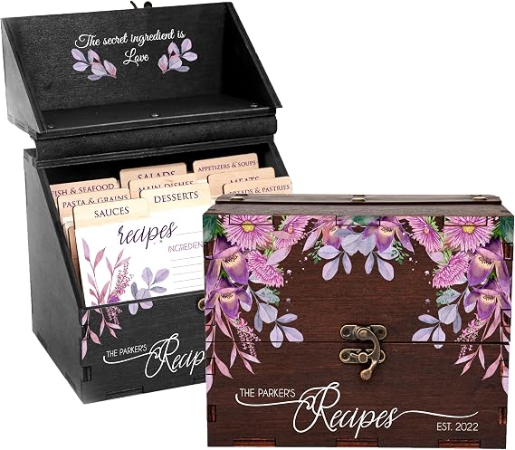 Custom Wooden Recipe Box with Dividers & Cards - Personalized Recipe Card Organizer with Flowers Anniversary Gift for Wife, Bridal Shower Gift for Daughter