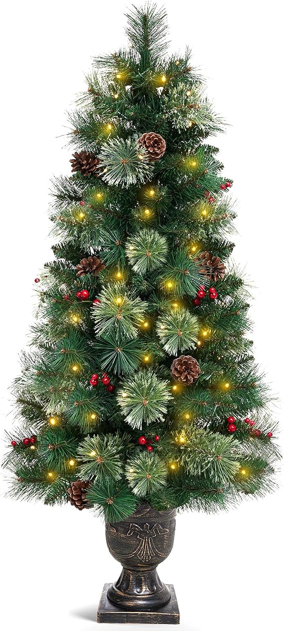 Decoway Flocked Christmas Tree for Entryways: 4ft with 70 Warm White LEDs | Pre-Lit Artificial Tree with Warm Glow 140 Tips 9 Pine Cones 9 Berries - Entryways Offices - Gold Pot & Flame-Resistant PVC