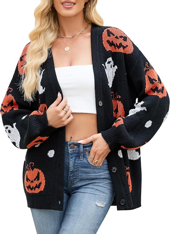 Cardigan Sweaters for Women Halloween Pumpkin Ghost Outerwear Tops