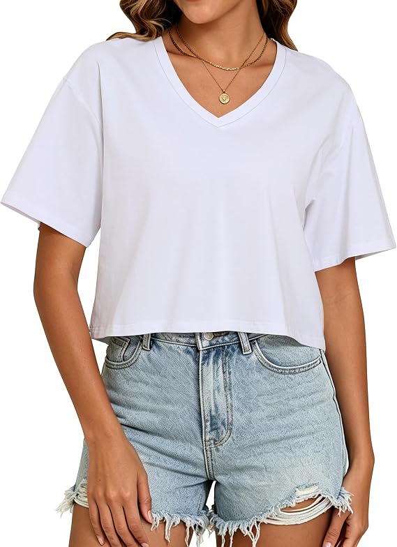 PRIMODA Women's Oversized Crop Tops Boxy V Neck Short Sleeve Cropped T Shirts Loose Summer Workout Crop Tee Tops