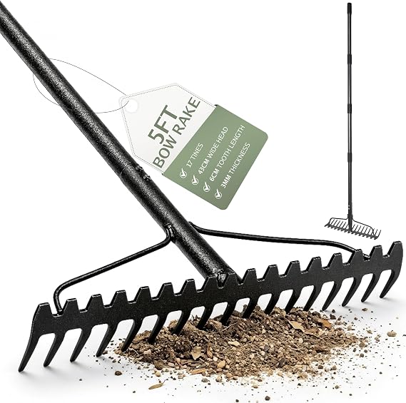 Pelle & Sol Heavy Duty Bow Rake 17 Tine Metal Garden Rake with Stainless Steel Handle, Iron Head for Gardening, Yard Work, Soil, Gravel, Lawn Levelling and Landscaping (5ft)