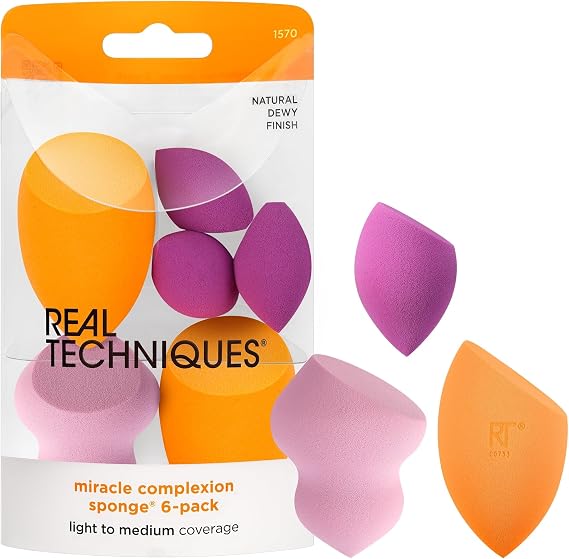 Real Techniques Miracle Complexion Sponges, Assorted Makeup Blending Sponges, Blend Foundation, Sculpt, and Conceal, Buildable Coverage, Latex-Free, 6 Count