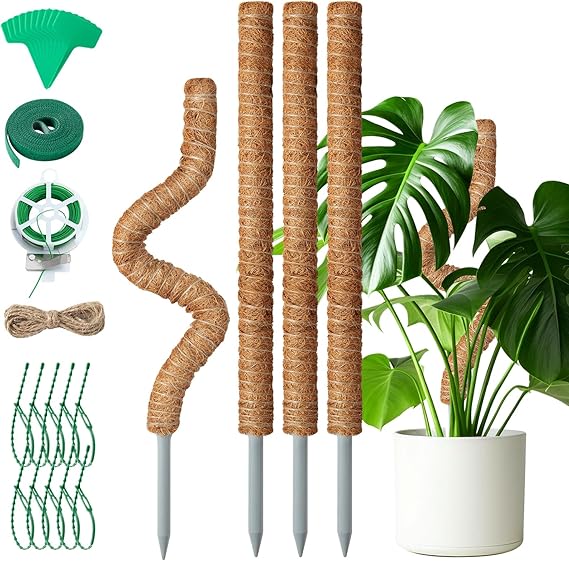 Mactoou Moss Pole, 4 PCS 65CM/26 Inches Coir Moss Poles for Monstera, Bendable Moss Poles for Cheese Plant, Moss Stick Totem Pole Plant Support with Twist Ties Kit for Climbing Indoor Plants