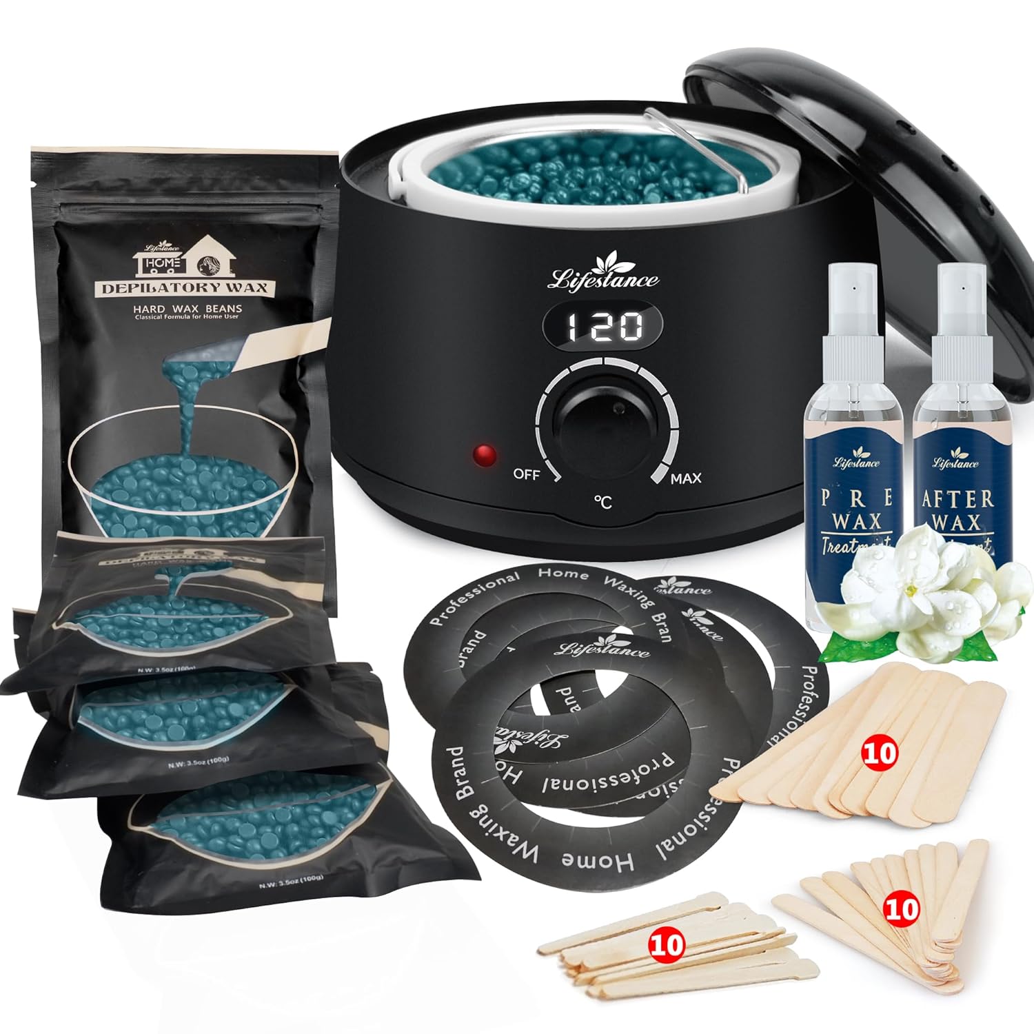 lifestyle professional waxing set wax warmer wax hair removal with 400 g wax sticks 10 eyebrow sticks a pre- and post-treatment lotion 5 paper rings